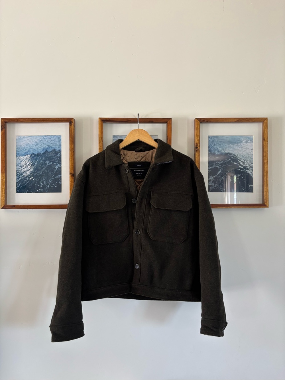 Abercrombie and Fitch Men's Dark Olive Button-Front Wool Jacket